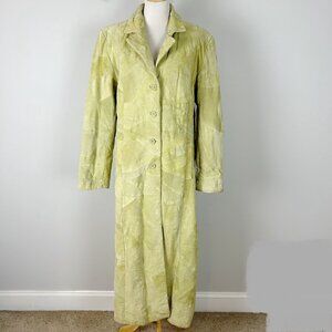 Vintage Henig Furs Long Leather Trench Coat Green Patchwork Size 2XL Women's